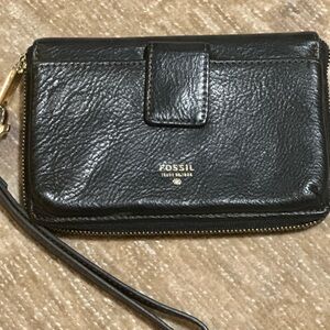 Fossil Black Leather Wallet wristlet purse clutch bag green inside